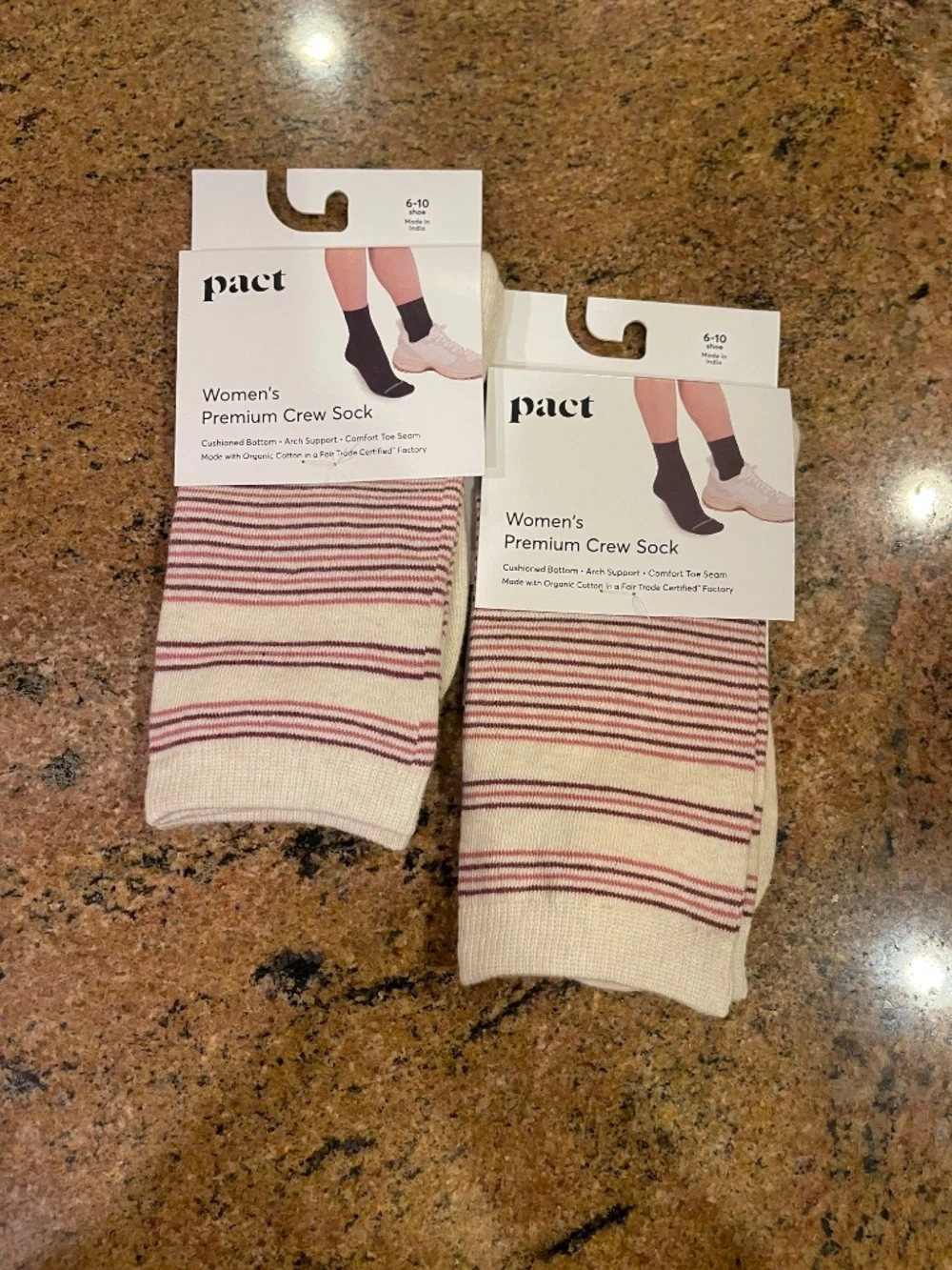Pact Varsity Pin  Stripe  Premium Crew Socks Two Pair NWT!